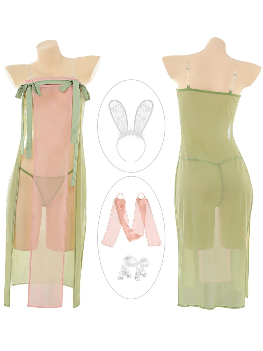 Chinese Style Cosplay Lingerie Set Sheer Mesh Bunny Girl Nightwear Set