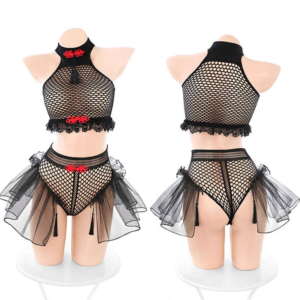 Saashi 4pcs Women's Plus Sexy Lingerie Bodystockings Lace Fishnet