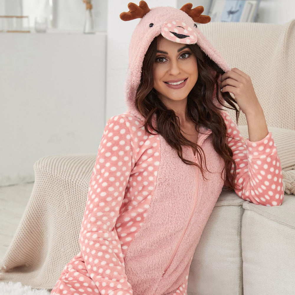 Adult Deer Onesie Pajamas Women Cartoon Animal Christmas Costume Reindeer Onepiece Sleepwear Jumpsuit