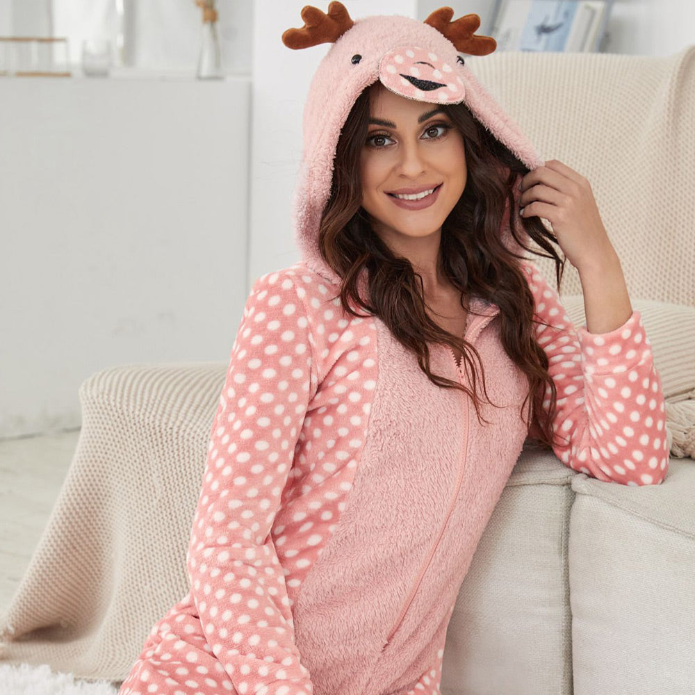 Adult Deer Onesie Pajamas Women Cartoon Animal Christmas Costume Reindeer  Onepiece Sleepwear Jumpsuit