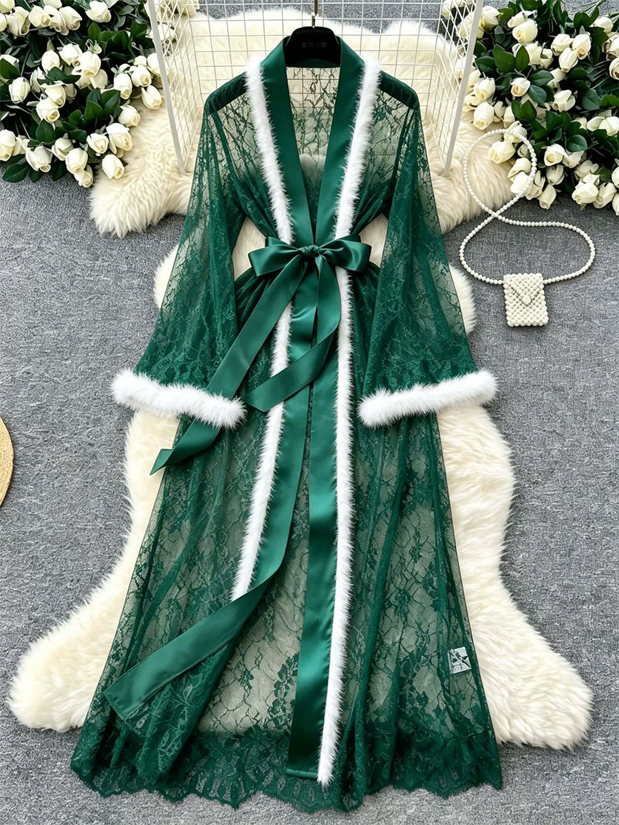 Christmas Floral Lace Maxi Robe Sheer Kimono Lingerie with Faux-Fur Trim