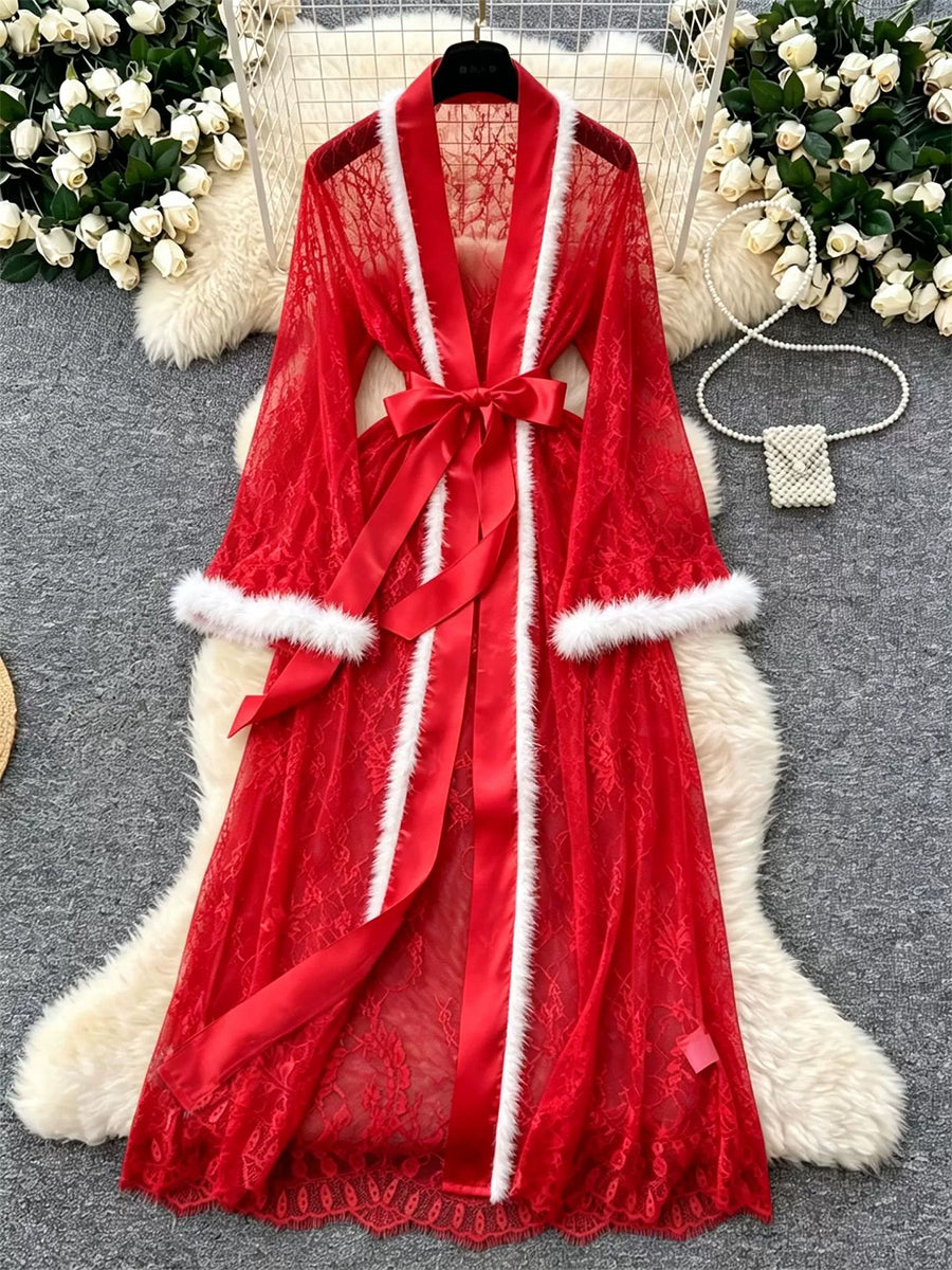 Christmas Floral Lace Maxi Robe Sheer Kimono Lingerie with Faux-Fur Trim