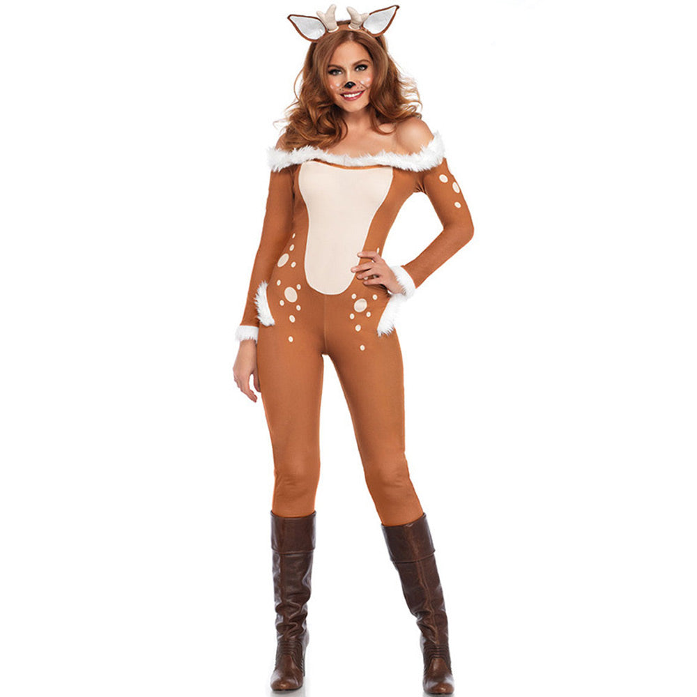 Sexy Deer Costume Adult Reindeer Animal Cosplay Outfit Women s Christmas Off Shoulder Party Jumpsuit