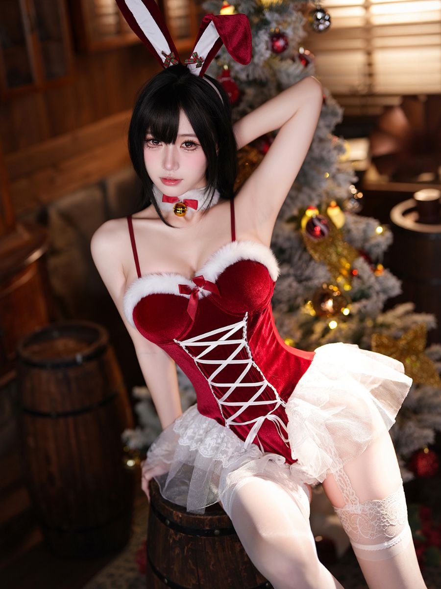 Christmas Santa Bunny Costume Red Velvet Lace-Up Bodysuit Cosplay Lingerie