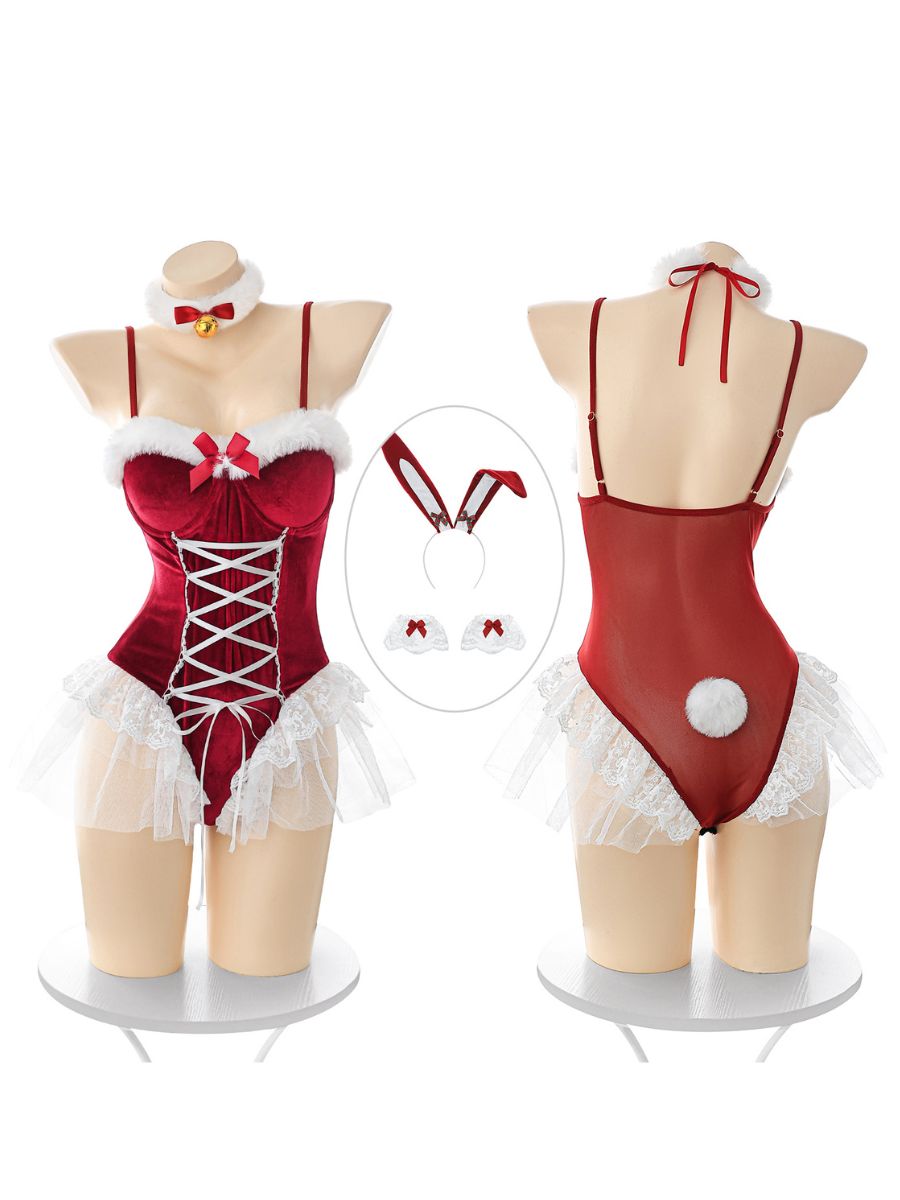 Christmas Santa Bunny Costume Red Velvet Lace-Up Bodysuit Cosplay Lingerie