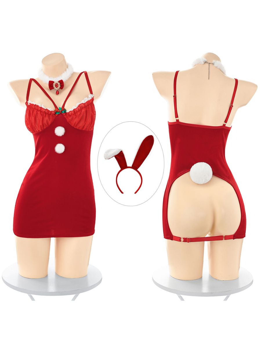 Christmas Santa Bunny Costume Red Velvet Mini Dress with Choker Leash 