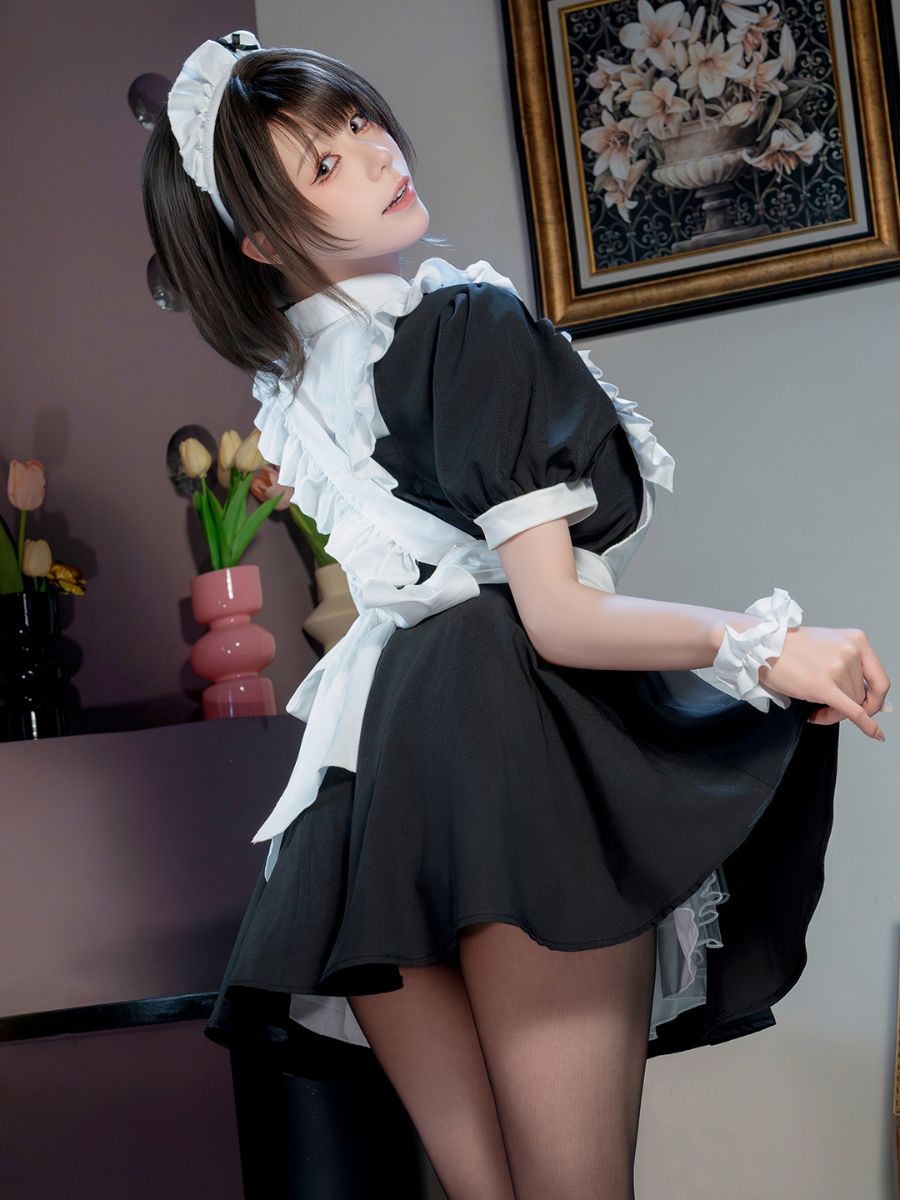 Anime French Maid Cosplay Costume Set Black Puff Sleeve Dress with Ruffled Apron and Headband