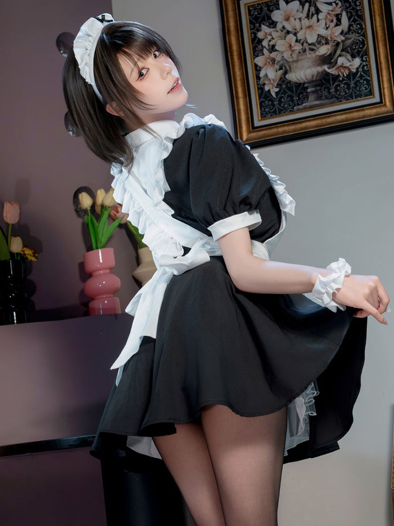 Anime French Maid Cosplay Costume Set Black Puff Sleeve Dress with Ruffled Apron and Headband