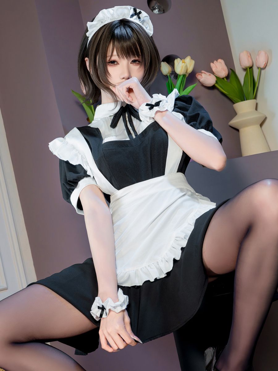 Anime French Maid Cosplay Costume Set Black Puff Sleeve Dress with Ruffled Apron and Headband