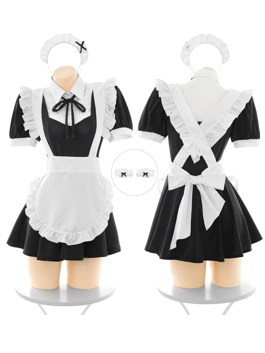 Anime French Maid Cosplay Costume Set Black Puff Sleeve Dress with Ruffled Apron and Headband