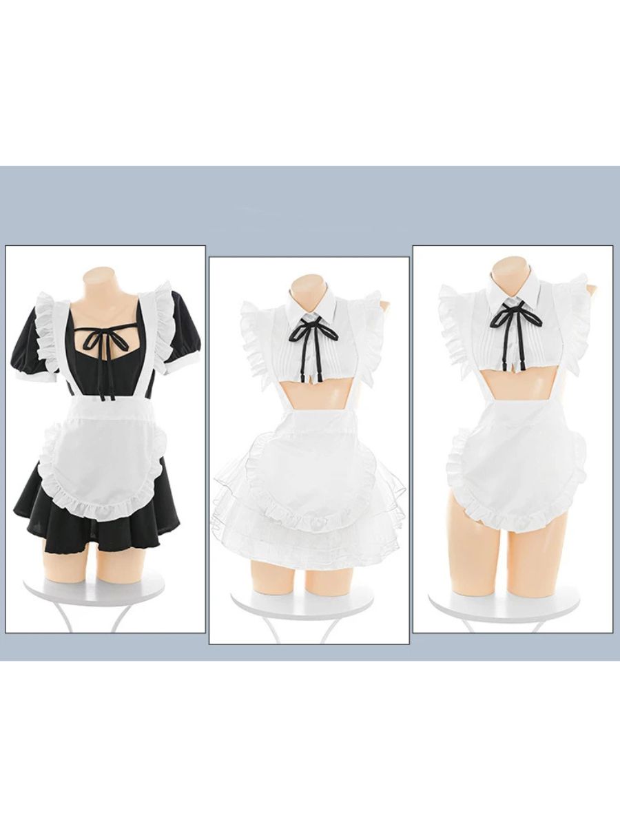 Anime French Maid Cosplay Costume Set Black Puff Sleeve Dress with Ruffled Apron and Headband