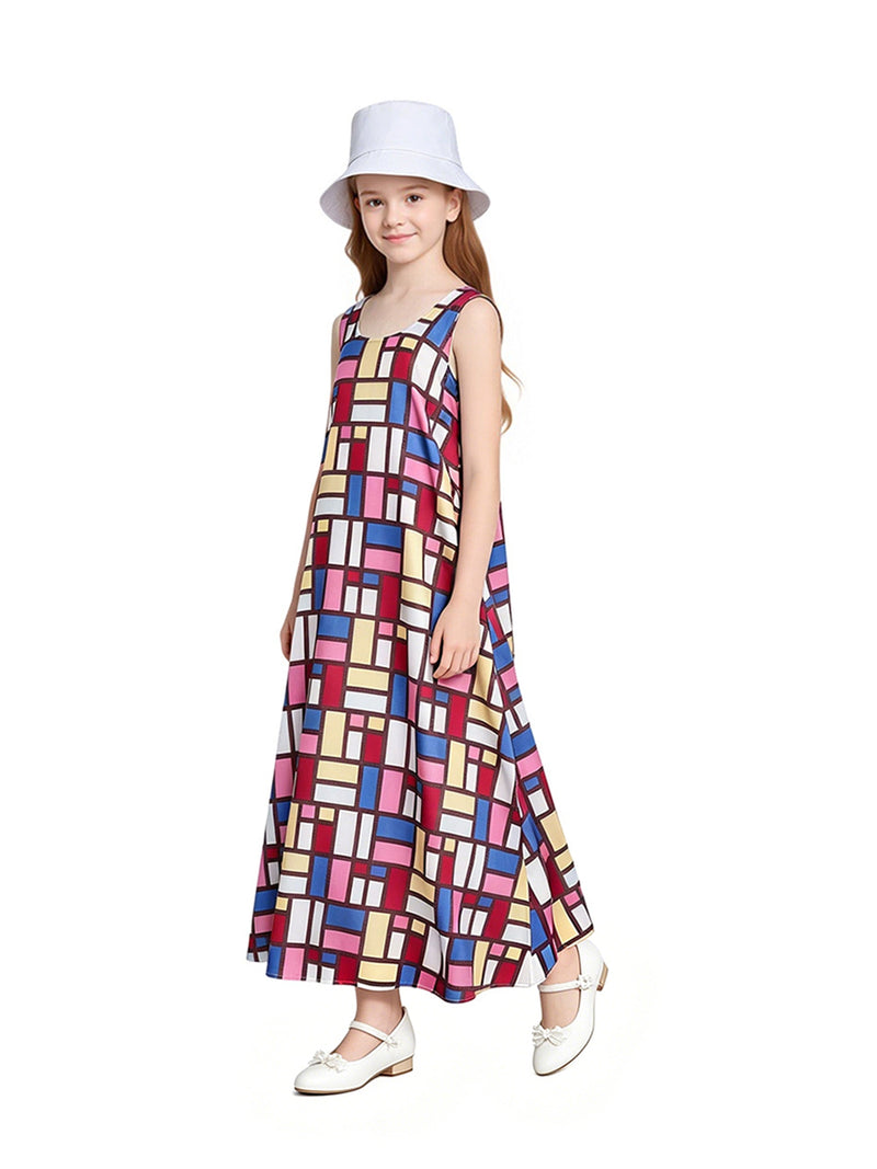 The Devil Wears Prada 2 Andy Sachs Costume Colorful Geometric Print Sleeveless Maxi Dress with Hat 
