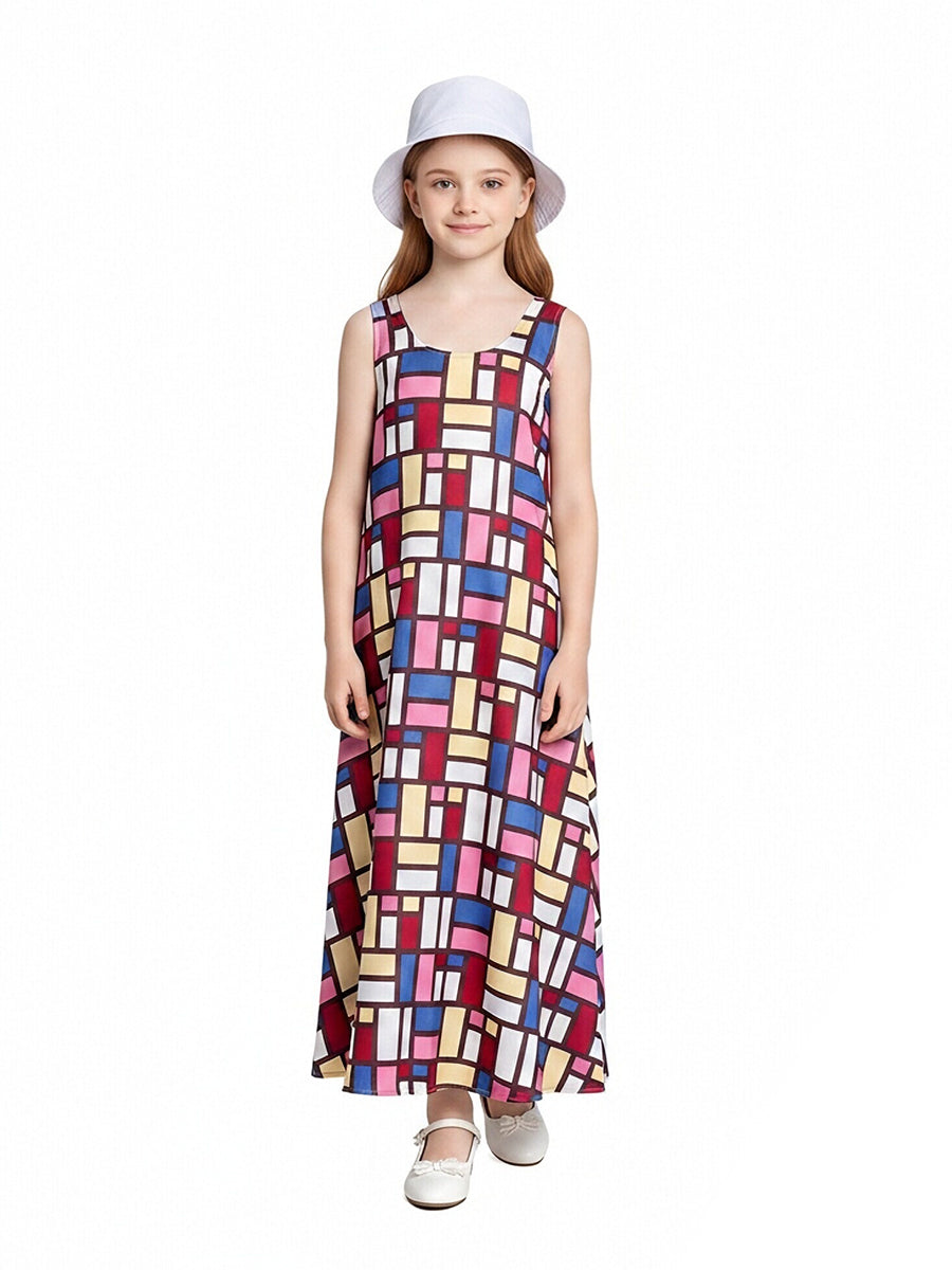 The Devil Wears Prada 2 Andy Sachs Costume Colorful Geometric Print Sleeveless Maxi Dress with Hat 