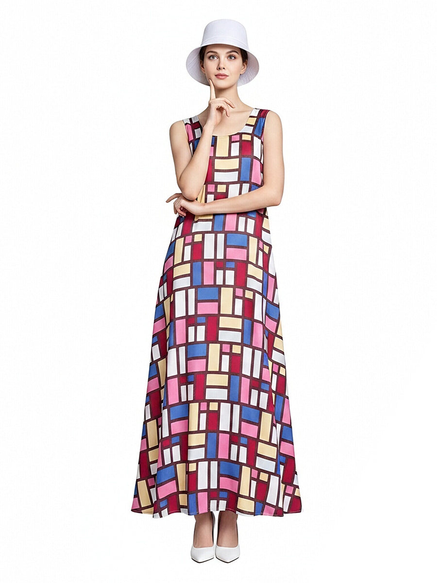 The Devil Wears Prada 2 Andy Sachs Costume Colorful Geometric Print Sleeveless Maxi Dress with Hat 