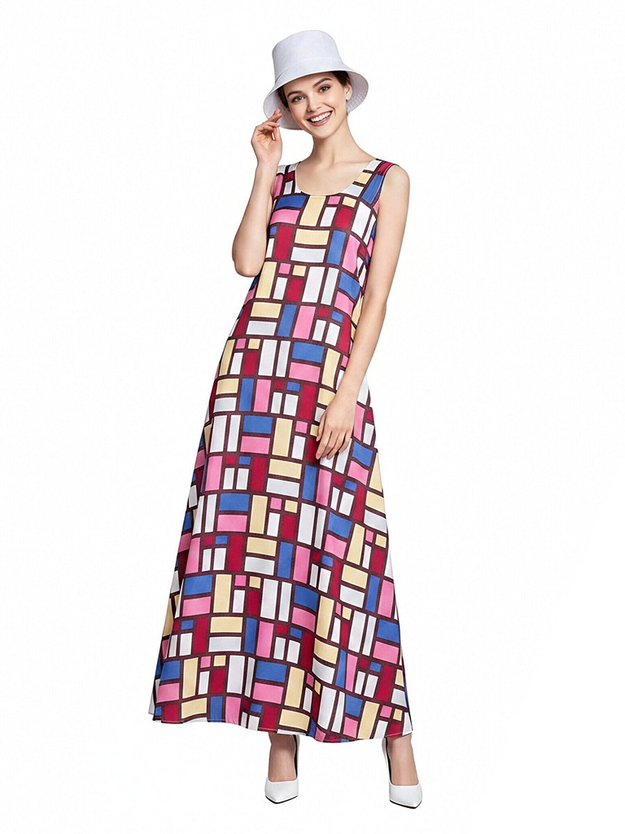 The Devil Wears Prada 2 Andy Sachs Costume Colorful Geometric Print Sleeveless Maxi Dress with Hat 