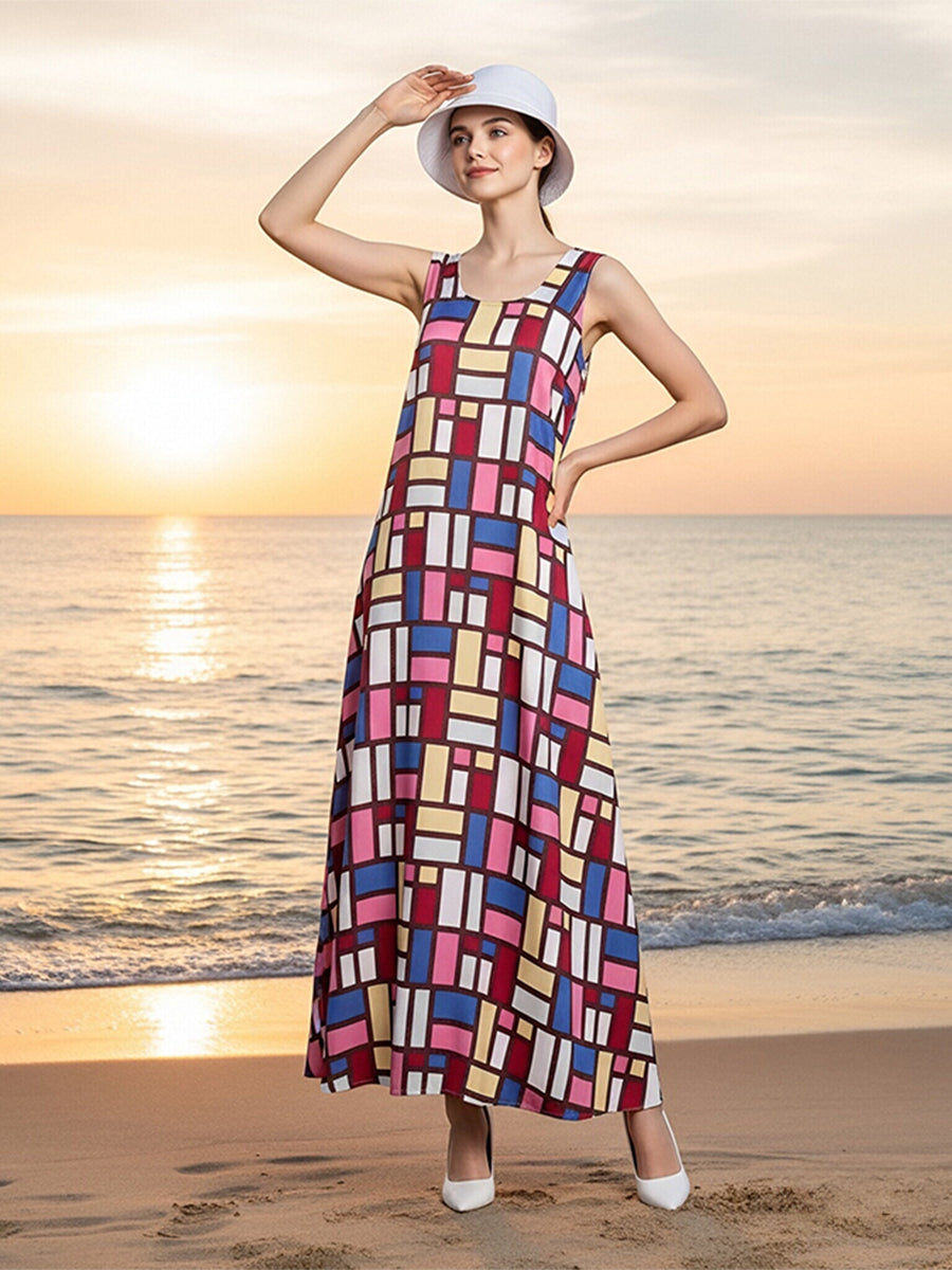 The Devil Wears Prada 2 Andy Sachs Costume Colorful Geometric Print Sleeveless Maxi Dress with Hat 