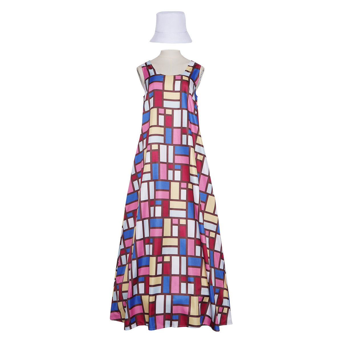 The Devil Wears Prada 2 Andy Sachs Costume Colorful Geometric Print Sleeveless Maxi Dress with Hat 
