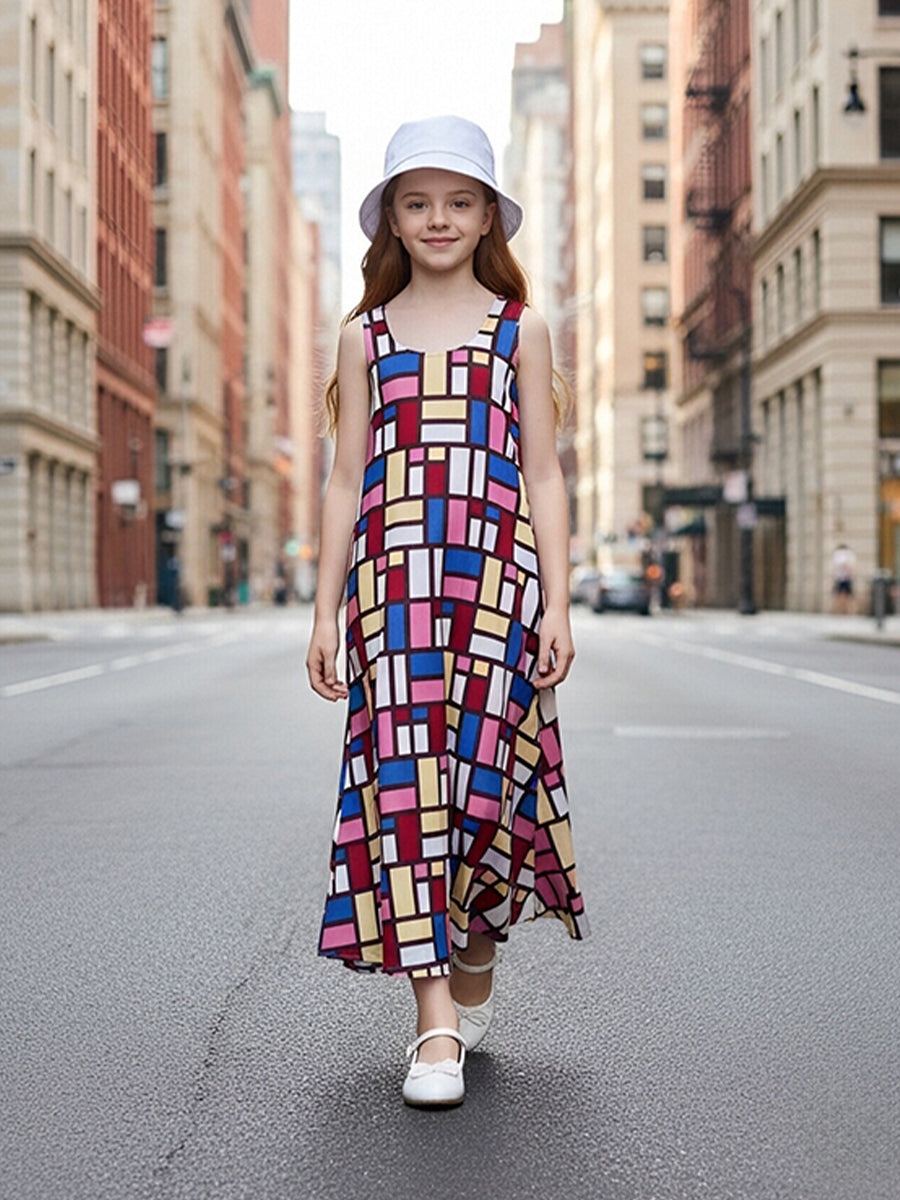 The Devil Wears Prada 2 Andy Sachs Costume Colorful Geometric Print Sleeveless Maxi Dress with Hat 