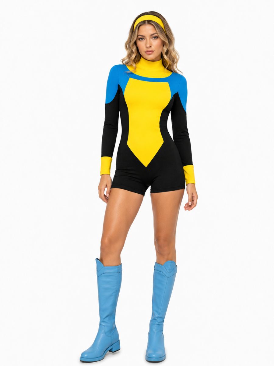 Invincible Mark Grayson Costume for Women Superheroine Long Sleeve Color Block Romper 