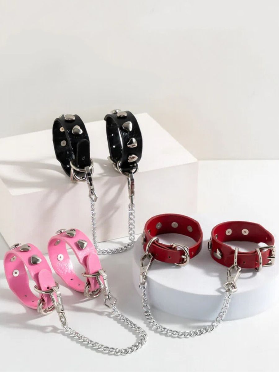 Heart Studded Leather Handcuffs