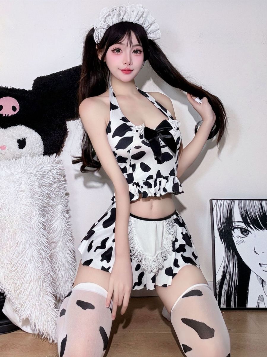 
Kawaii Cow Print Maid Lingerie Set Sexy Anime Cosplay Halter Top and Mini Skirt 