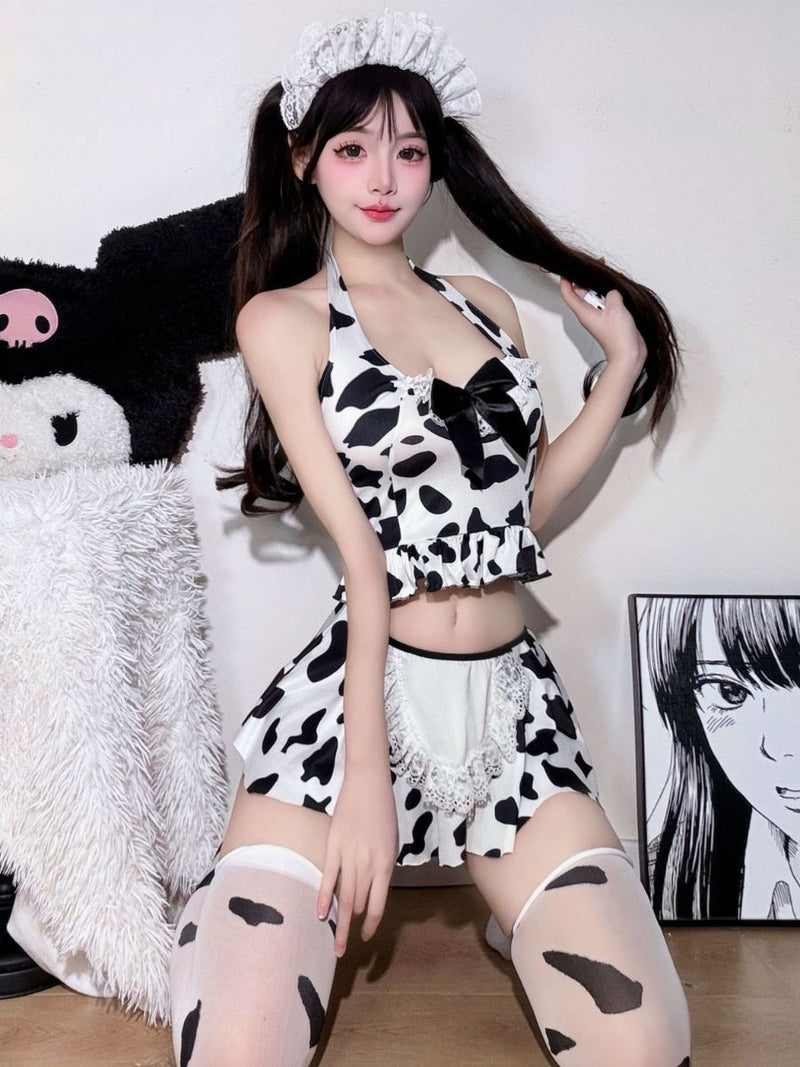 
Kawaii Cow Print Maid Lingerie Set Sexy Anime Cosplay Halter Top and Mini Skirt 