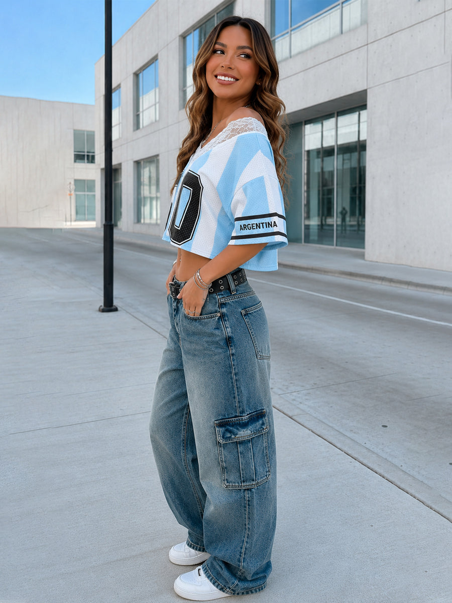 Custom Number Argentina Cropped Soccer Jersey
