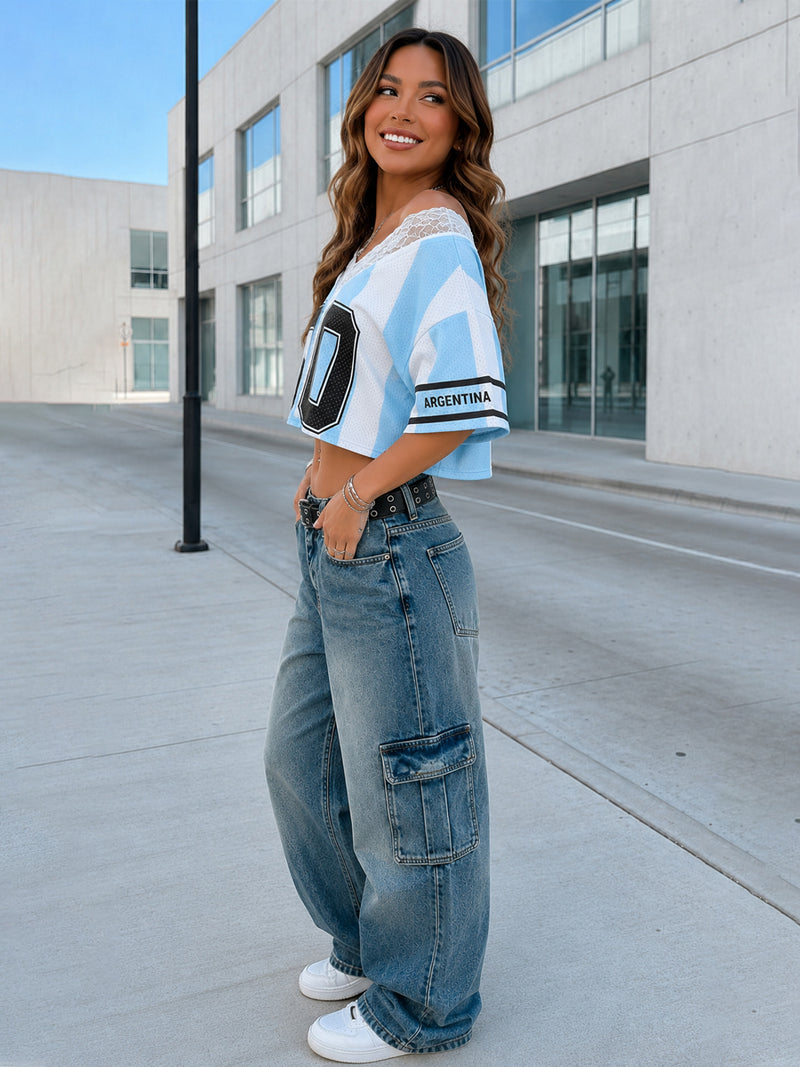 Custom Number Argentina Cropped Soccer Jersey