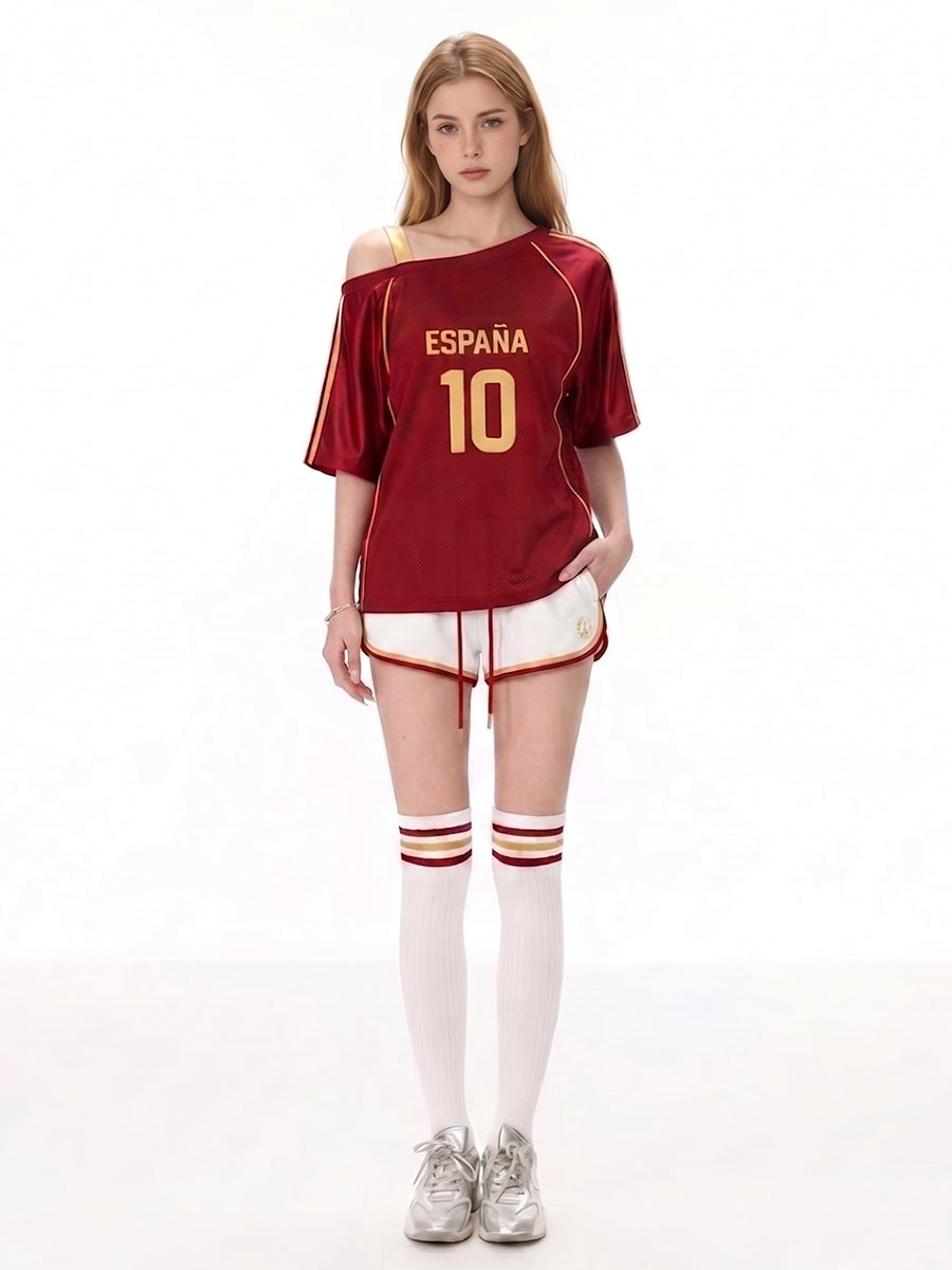 Custom Number Spain Soccer Jersey 2026 World Cup Women's Blokette One Shoulder T-Shirt