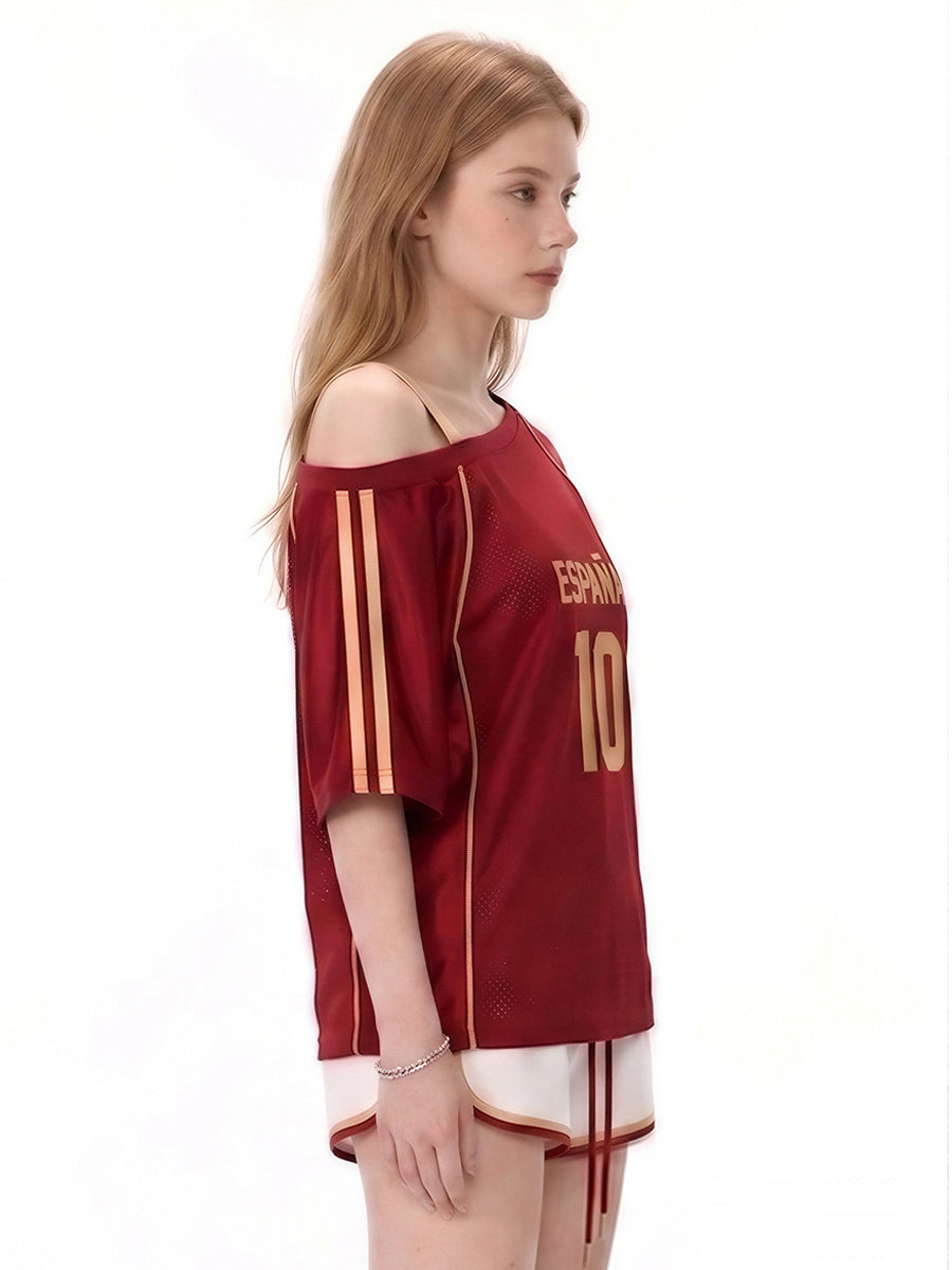 Custom Number Spain Soccer Jersey 2026 World Cup Women's Blokette One Shoulder T-Shirt