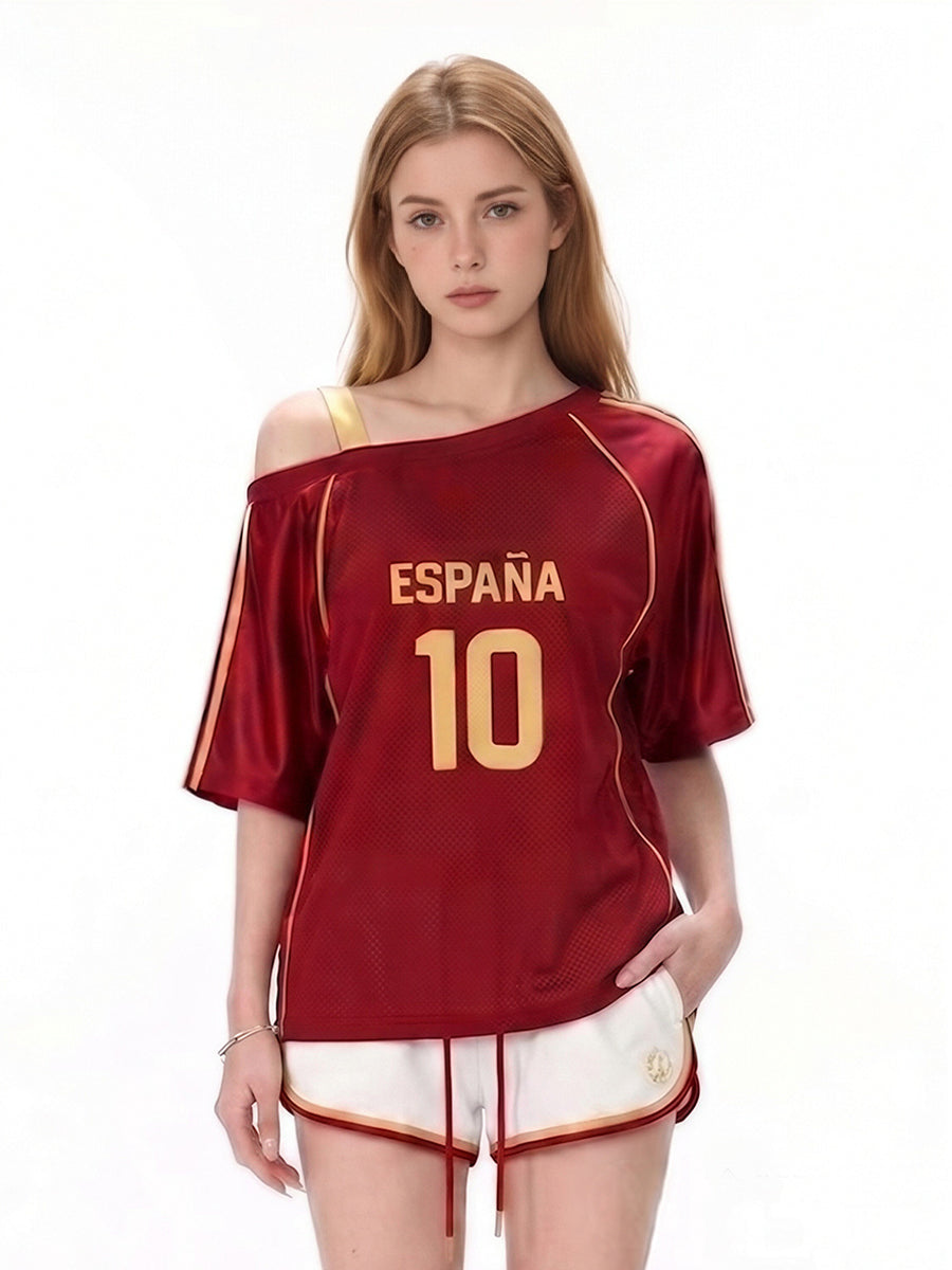 Custom Number Spain Soccer Jersey 2026 World Cup Women's Blokette One Shoulder T-Shirt