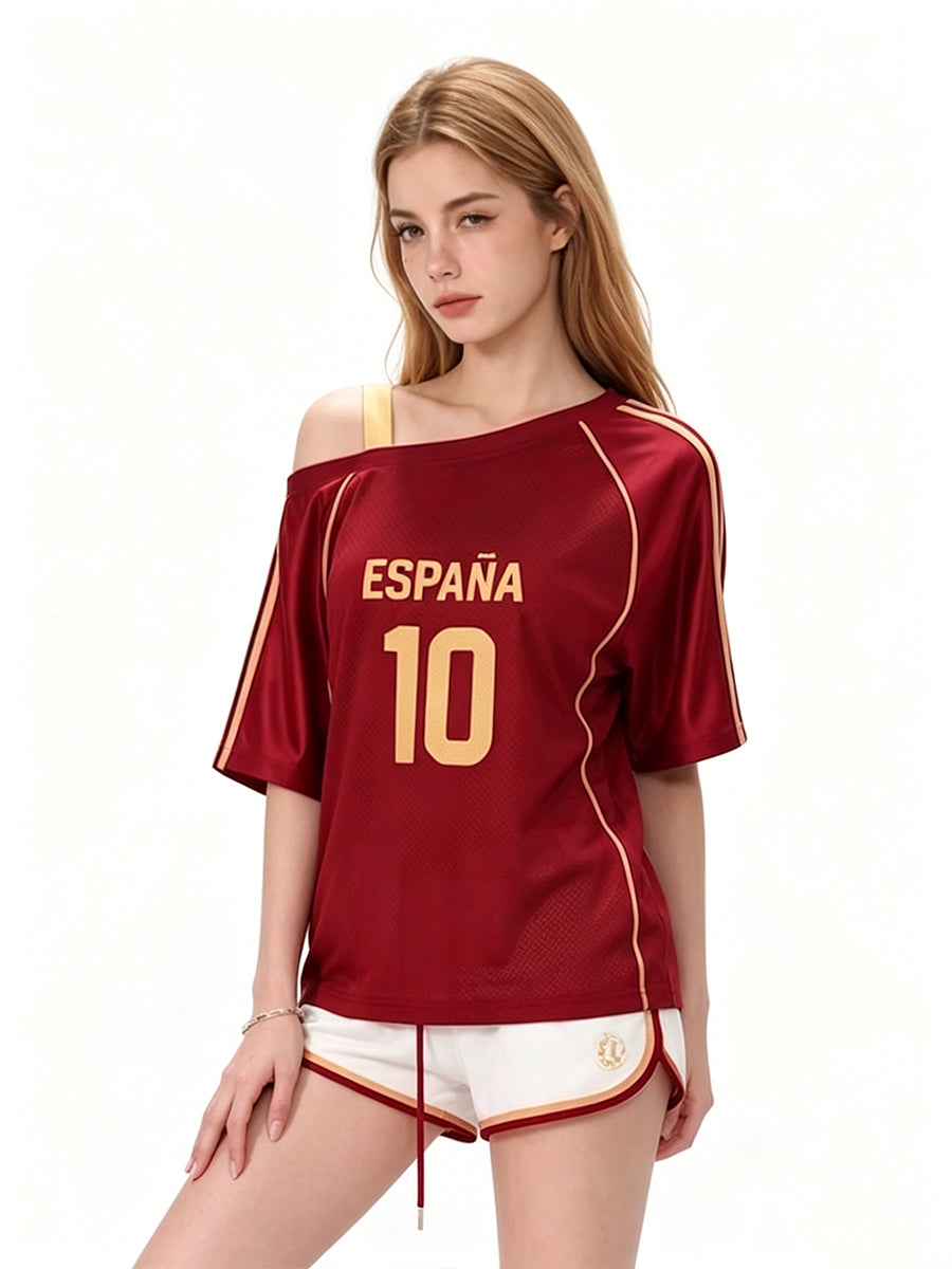 Custom Number Spain Soccer Jersey 2026 World Cup Women's Blokette One Shoulder T-Shirt