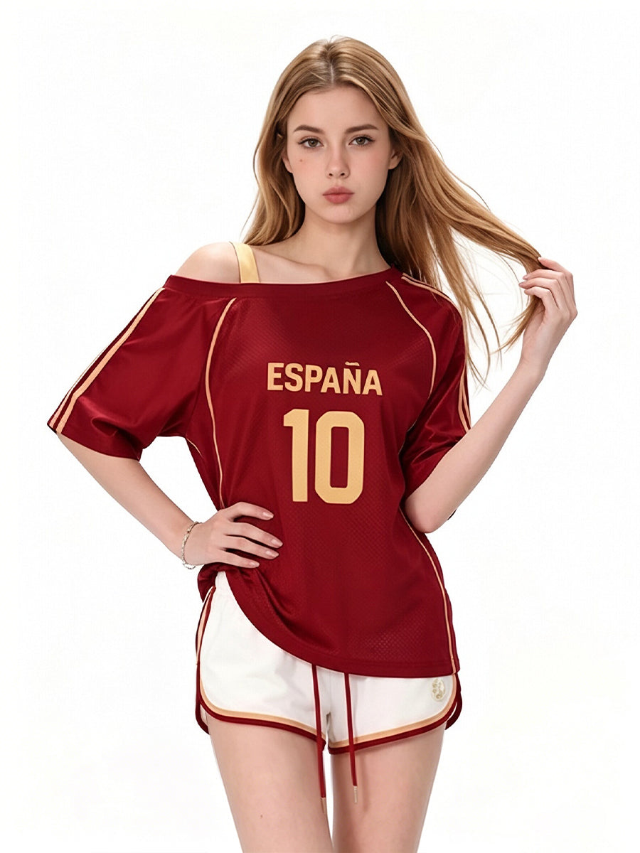 Custom Number Spain Soccer Jersey 2026 World Cup Women's Blokette One Shoulder T-Shirt