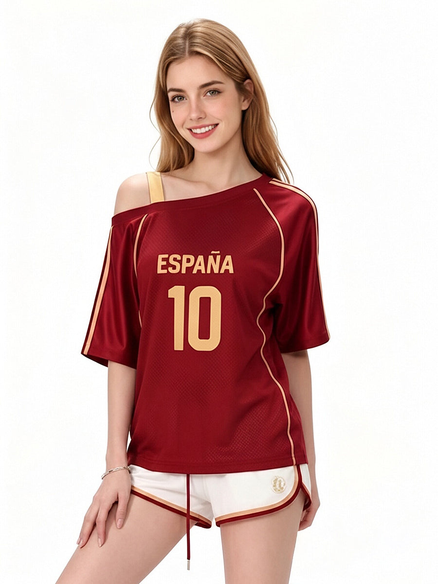 Custom Number Spain Soccer Jersey 2026 World Cup Women's Blokette One Shoulder T-Shirt