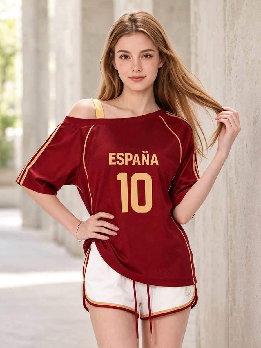 Custom Number Spain Soccer Jersey 2026 World Cup Women's Blokette One Shoulder T-Shirt