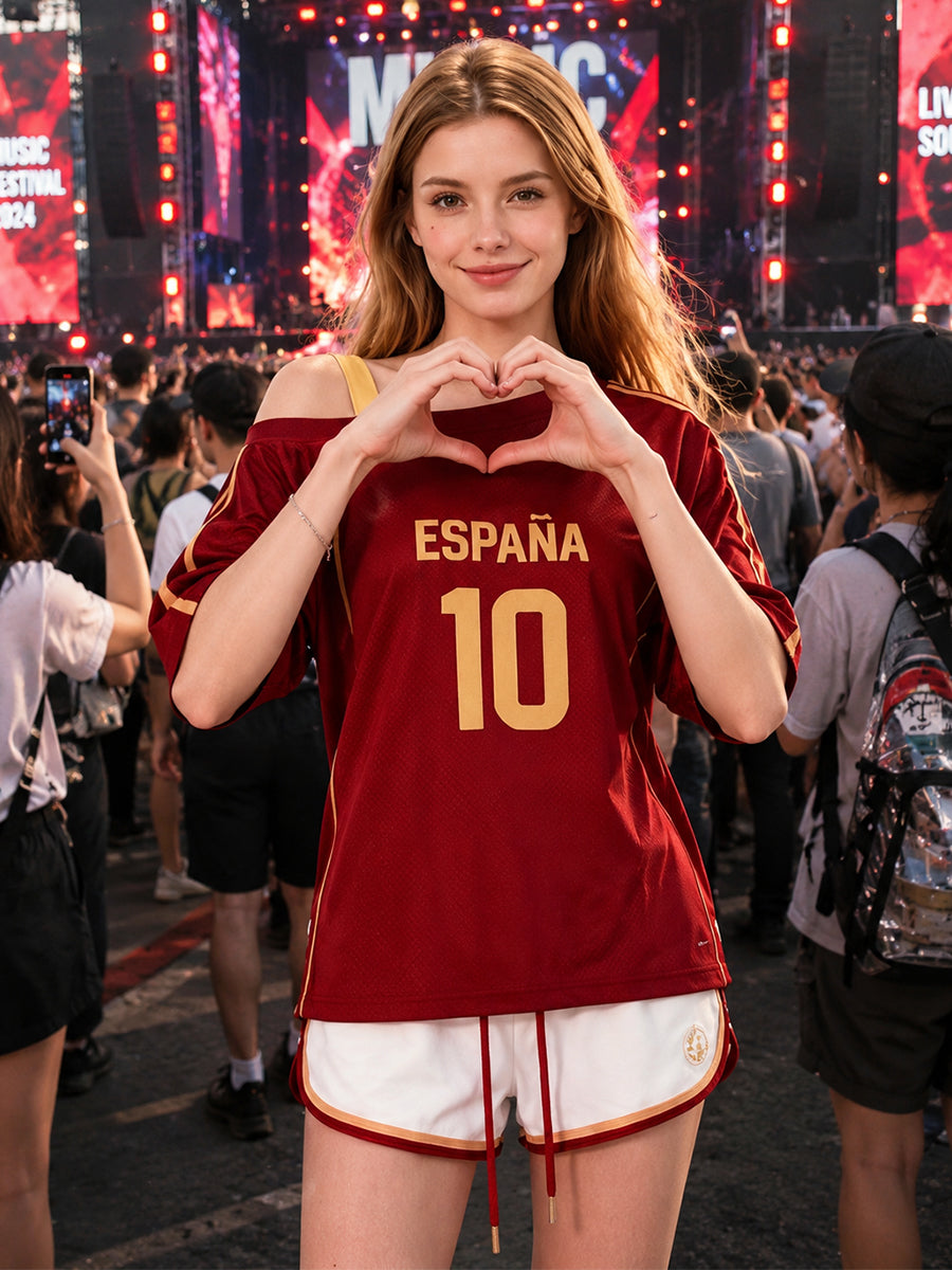 Custom Number Spain Soccer Jersey 2026 World Cup Women's Blokette One Shoulder T-Shirt