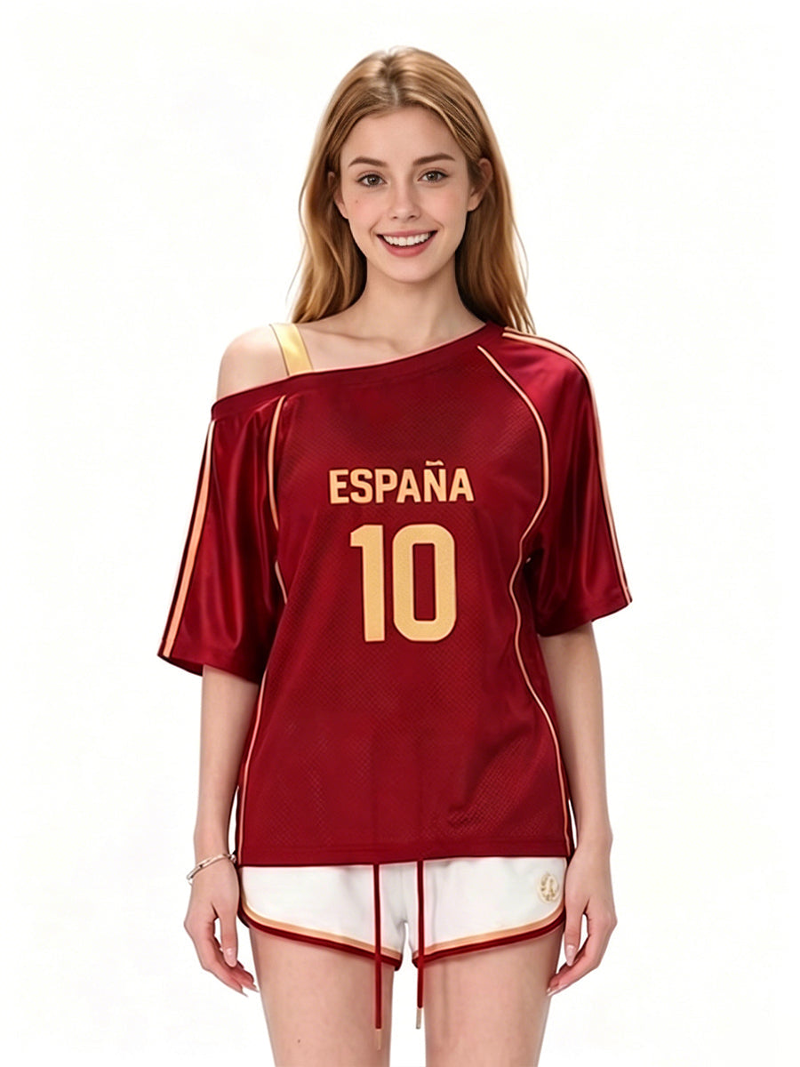 Custom Number Spain Soccer Jersey 2026 World Cup Women's Blokette One Shoulder T-Shirt