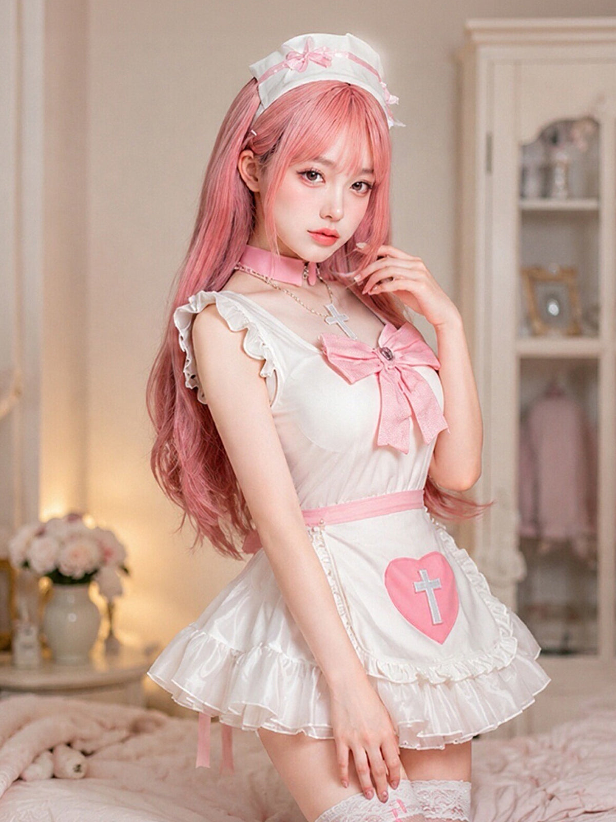 Kawaii Nurse Cosplay Costume Set White Apron Maid Uniform