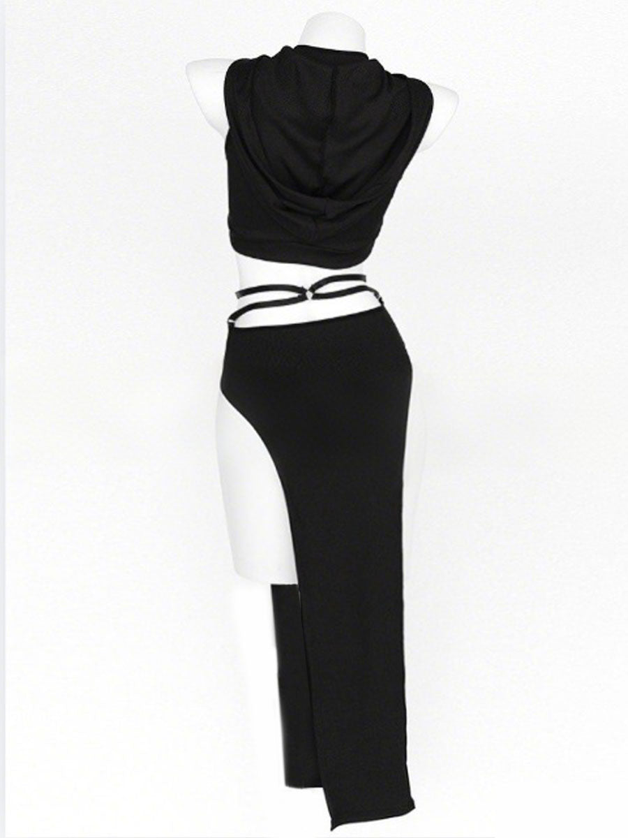 Cyber Gothic Two Piece Set Black Hooded Zip Up Crop Top and High Slit Skirt