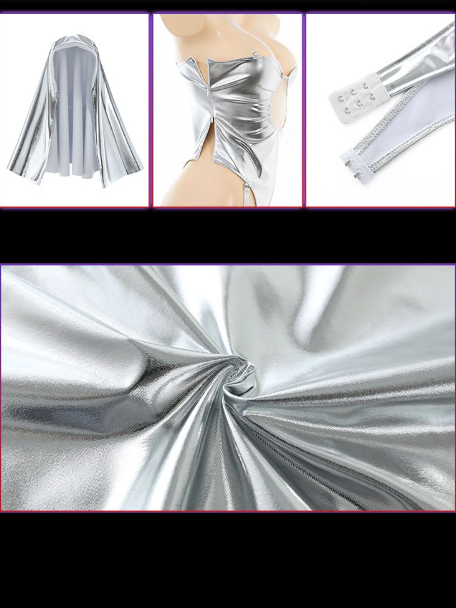 Cyber Nun Cosplay Lingerie Set Metallic Silver Bodysuit Set with Matching Veil