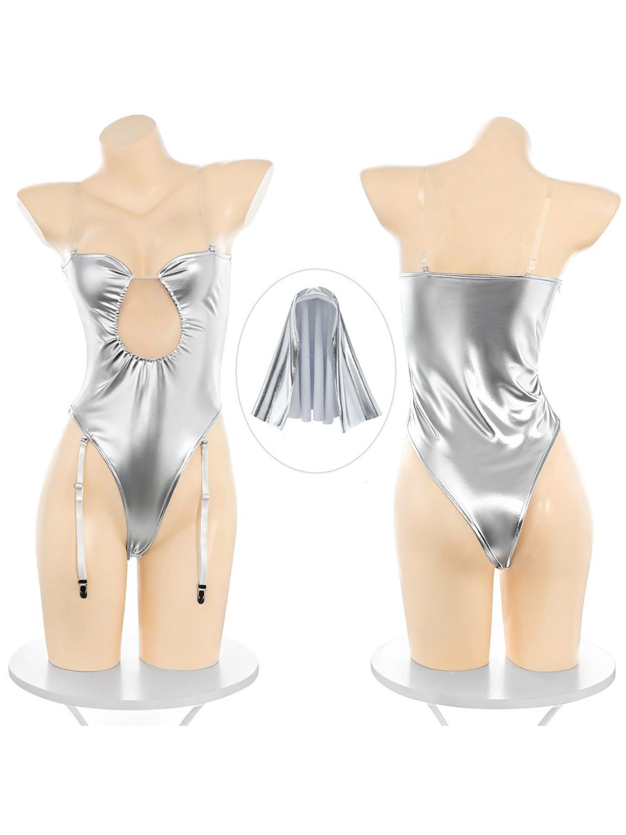 Cyber Nun Cosplay Lingerie Set Metallic Silver Bodysuit Set with Matching Veil