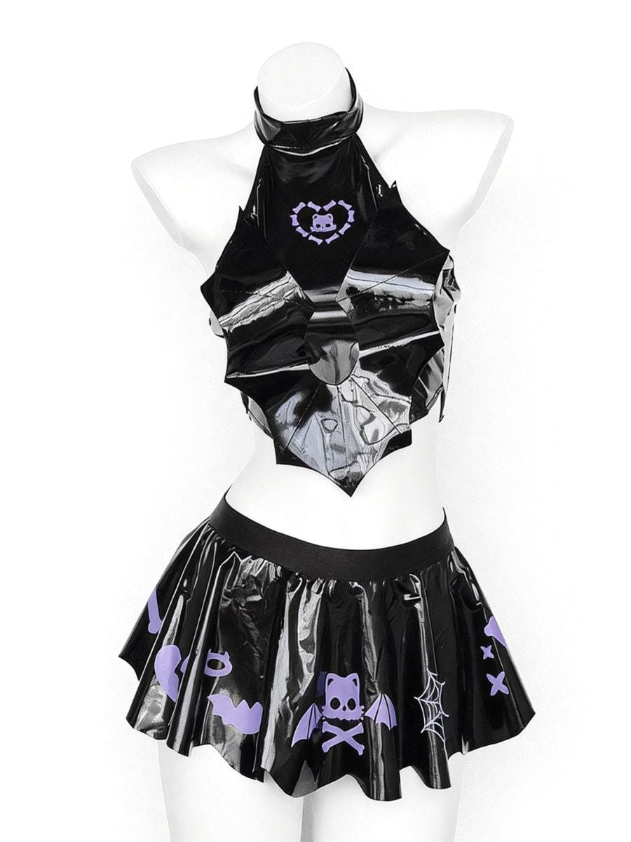 Gothic Bat Wing Rave Outfit PU Leather Crop Top and Mini Skirt Set for Cosplay and Clubwear