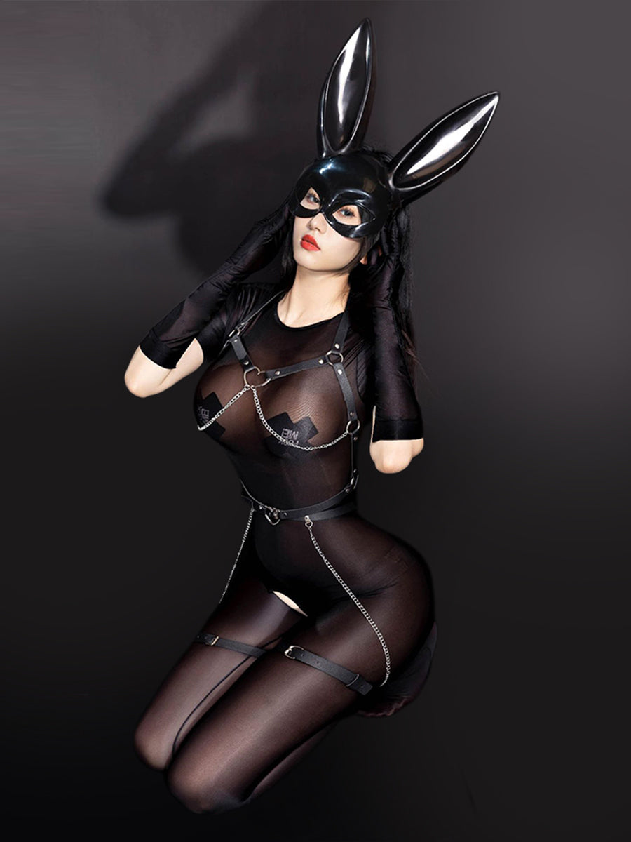 Gothic Bunny Harness Costume Sheer Crotchless Bodystocking Chains Harness with Bunny Mask and Gloves