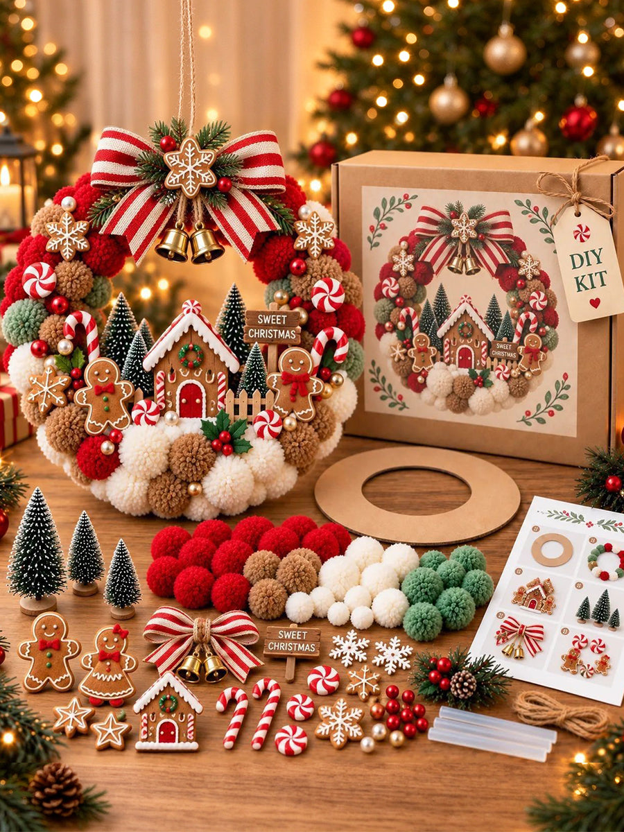Christmas Wreath DIY Craft Kit Pom-Pom Holiday Door Decor Gift Box 
