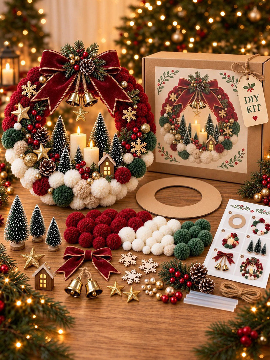 Christmas Wreath DIY Craft Kit Pom-Pom Holiday Door Decor Gift Box 