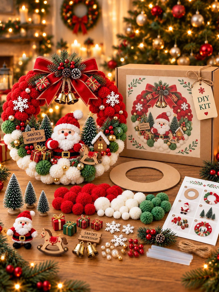 Christmas Wreath DIY Craft Kit Pom-Pom Holiday Door Decor Gift Box 