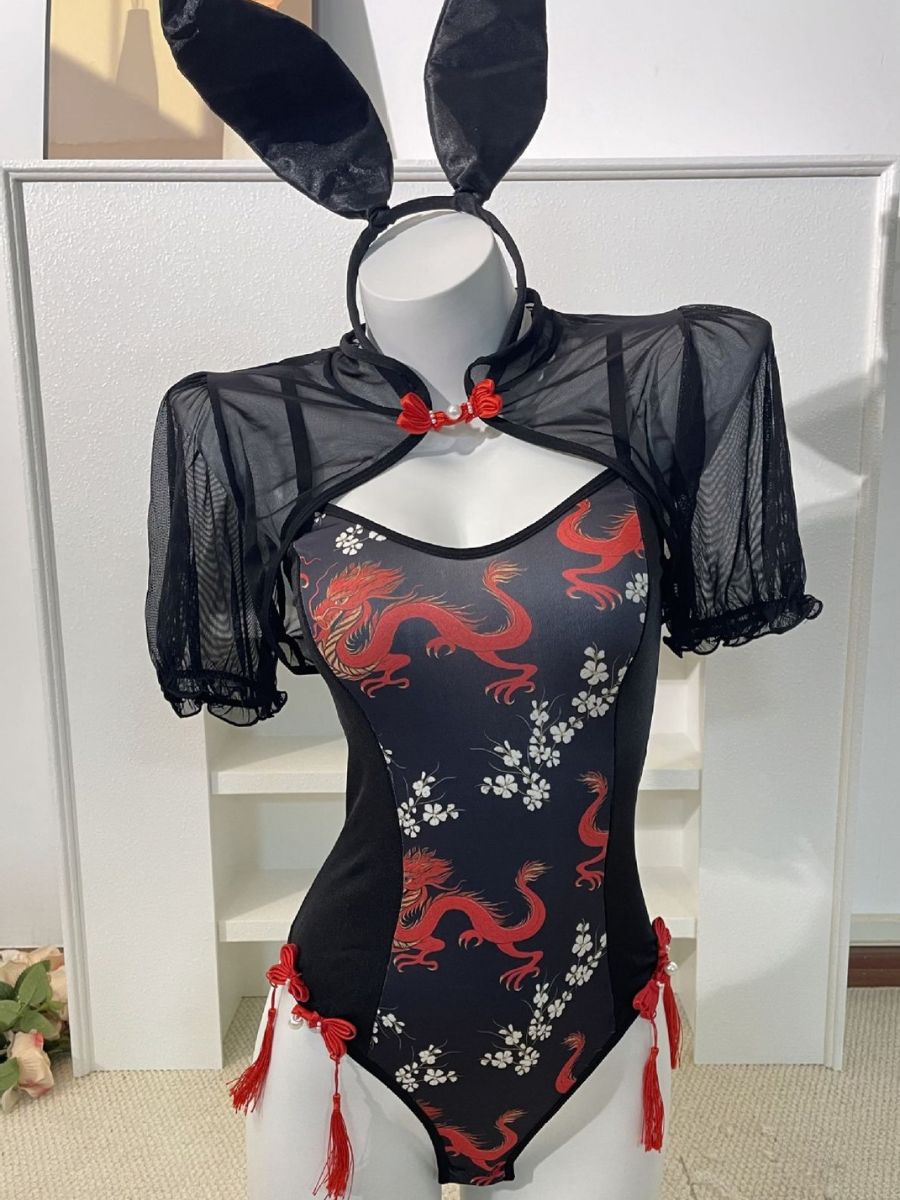 Chinese Style Bodysuit Costume Set 3-Piece Anime Dragon Bunny Cosplay Lingerie