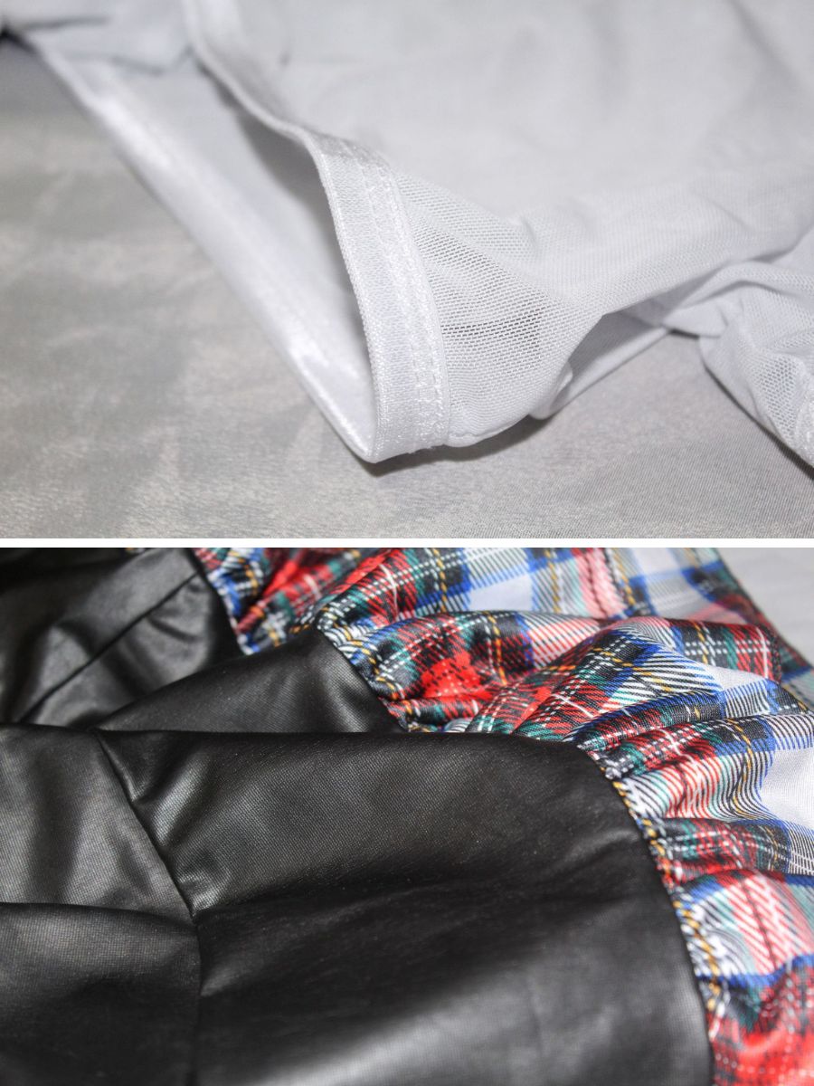 Sexy Plaid Schoolgirl Lingerie Set Sheer Tie Front Crop Top and Plaid Suspender Skirt Set