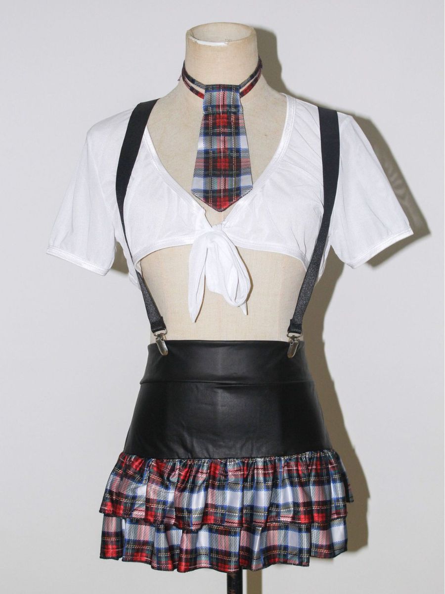 Sexy Plaid Schoolgirl Lingerie Set Sheer Tie Front Crop Top and Plaid Suspender Skirt Set