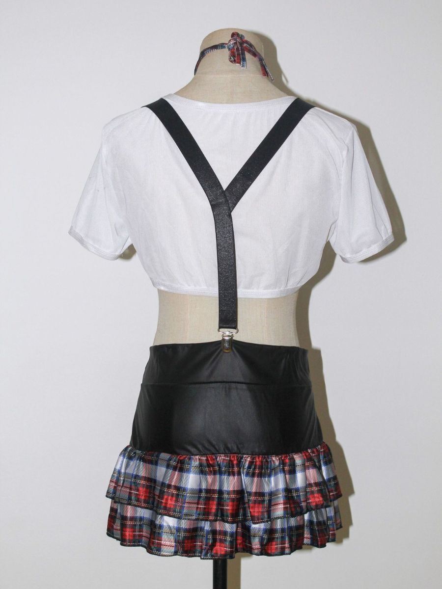Sexy Plaid Schoolgirl Lingerie Set Sheer Tie Front Crop Top and Plaid Suspender Skirt Set